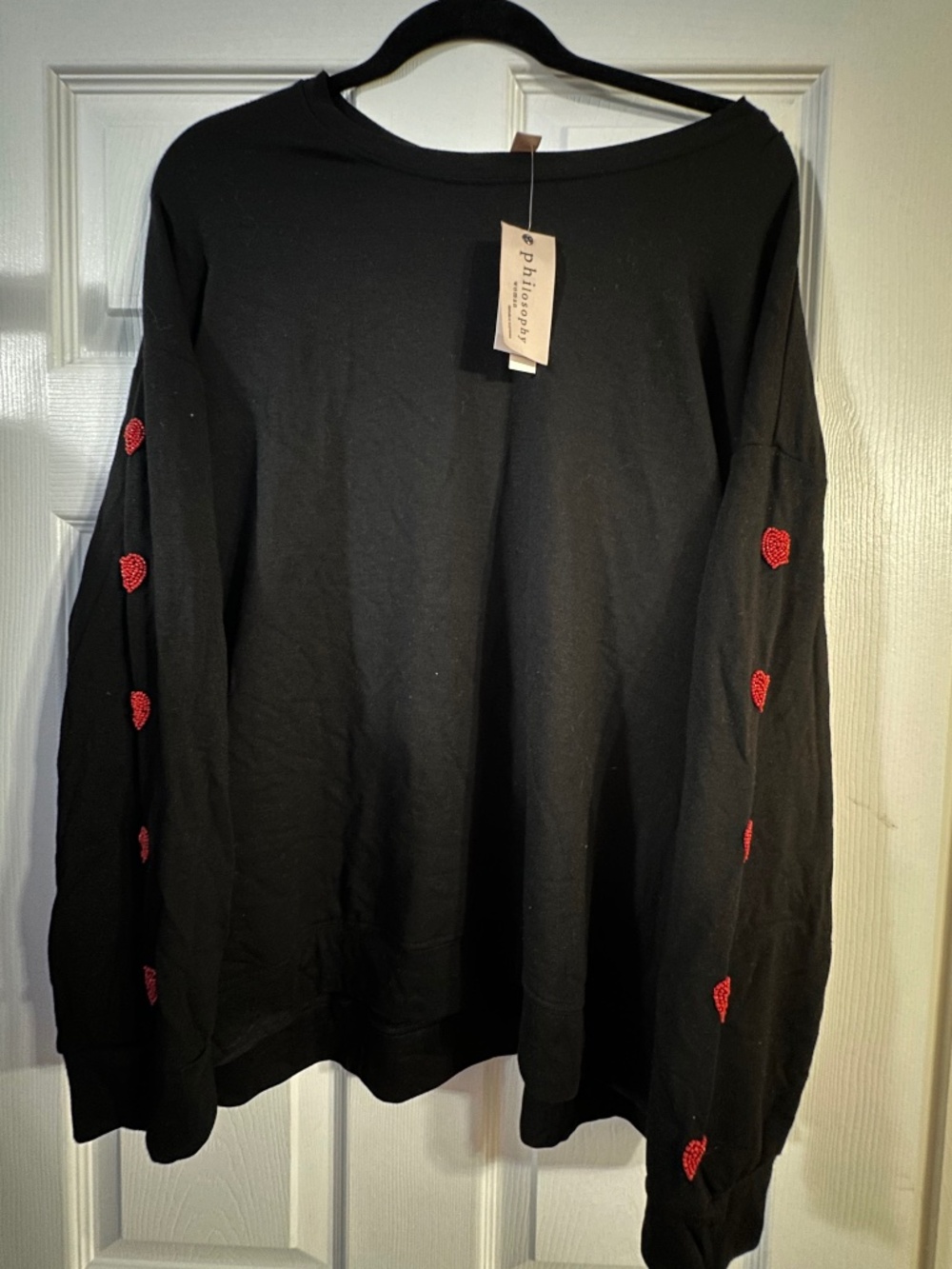 NWT Philosophy Black Sweatshirt w/ Red Beaded Heart Sleeves Plus Size 3X